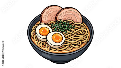 Traditional Japanese style ramen bowl with toppings and broth