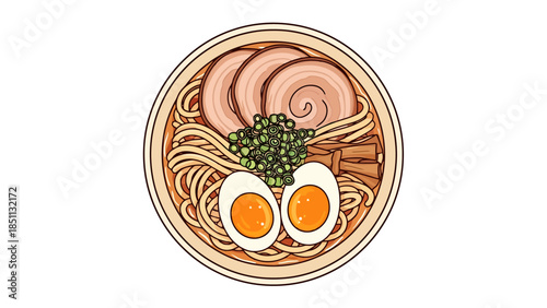 Delicious bowl of traditional Japanese ramen with eggs noodles and toppings