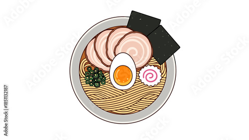 Traditional Japanese Ramen Bowl with Egg Fish Cake and Noodles