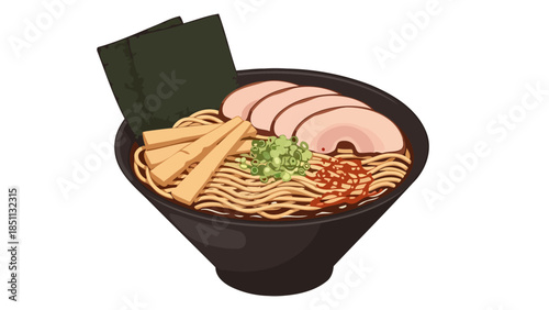 Traditional Japanese Ramen Bowl with Noodles Sliced Pork and Vegetables