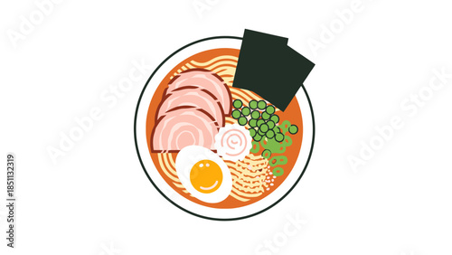 Delicious Asian style ramen bowl with sliced meats vegetables and boiled egg served in a modern restaurant setting