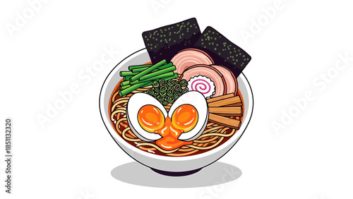 Authentic Japanese style bowl with ramen ingredients including noodles eggs seaweed and vegetables