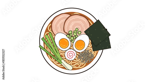 Delicious bowl of Asian ramen with vegetables and eggs on a white plate