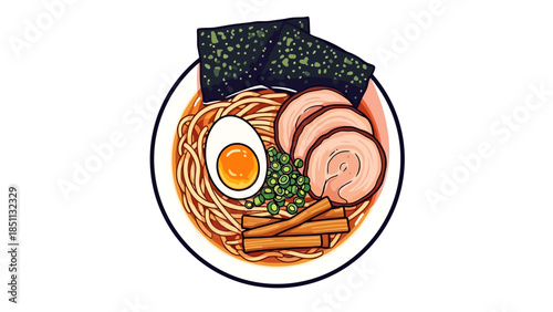 Assorted Asian style ramen bowl with eggs sliced pork and vegetables for culinary presentation