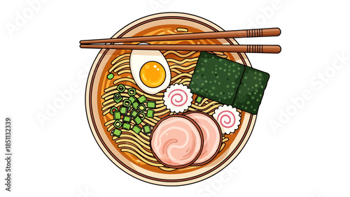 Traditional Japanese ramen bowl with noodles egg and toppings