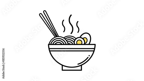 Steaming bowl of ramen noodles with toppings on a white background