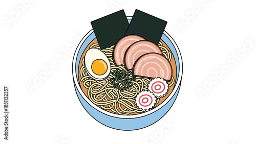 Traditional Japanese Ramen Bowl with Pork Egg and Vegetables