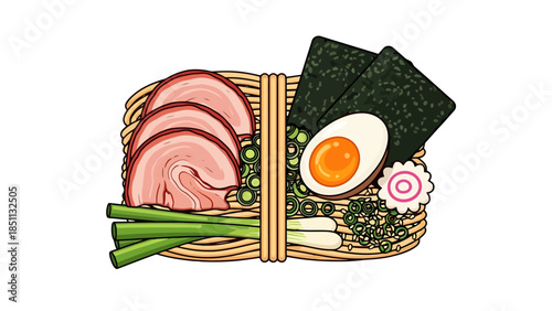 Plate of traditional Japanese ramen with pork eggs seaweed and vegetables