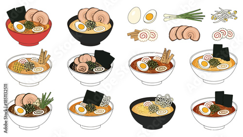 Assorted Asian cuisine dishes with sushi ramen and rice bowls arranged for culinary presentation