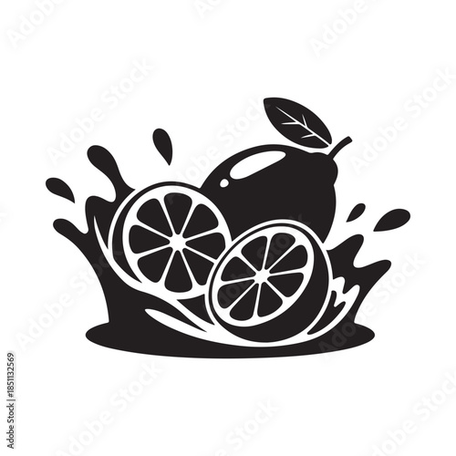 A black and white illustration of citrus fruits with splashing juice