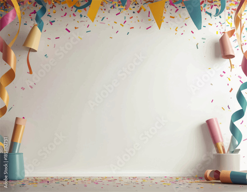 A colorful birthday party decoration featuring a birthday cake with candles and a creative drawing on paper made by a school child using paint, crayons, and stationery for a fun art design