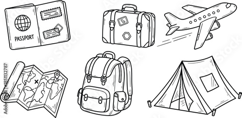 camping summer doodle hand drawn illustration - sketch collection set