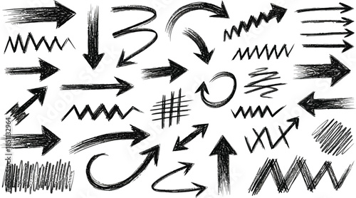 Various bold brush drawn curved arrows. Collection doodle marker thick arrows in different directions. Hand drawn vector direction pointers. Curved and wavy brush strokes