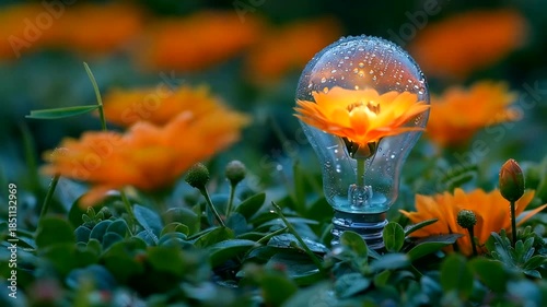 Bright Idea Bulb with Orange Flower Inside Surrounded by Greenery.