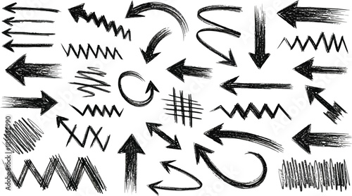 Various bold brush drawn curved arrows. Collection doodle marker thick arrows in different directions. Hand drawn vector direction pointers. Curved and wavy brush strokes