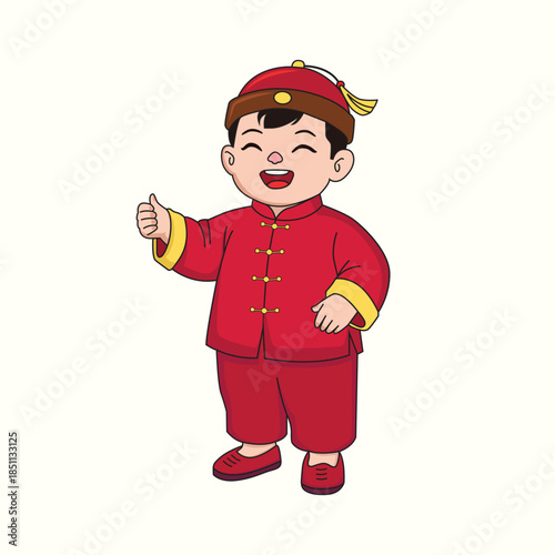 Happy Chinese Boy in Traditional Outfit Giving Thumbs Up