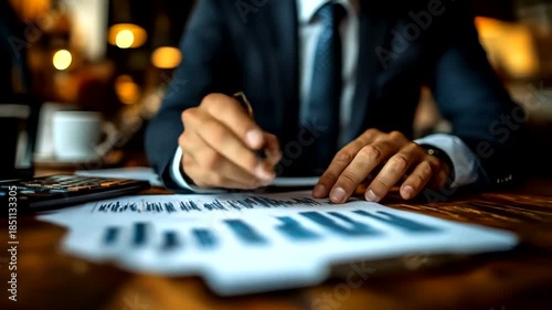 Businessman analyzing financial charts and graphs at desk.