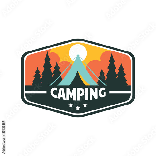 Camping Adventure Badge with Tent and Pine Trees