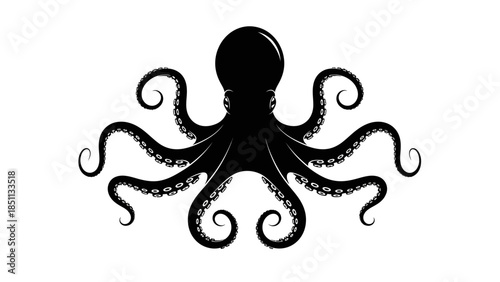 Black Silhouette of an Octopus with Curled Tentacles.