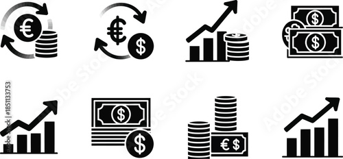 Minimalist set of black vector icons for business and finance, featuring an arrow, growth chart, rocket, lightbulb, and money, illustrating concepts of startup and success
