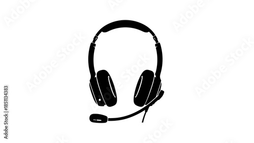 Black silhouette of modern headphones with microphone isolated on white background.
