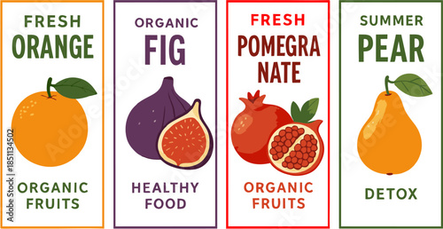 Fruit poster vector set with colorful fresh fruits, healthy food illustrations, tropical citrus banners, organic farm market graphics, and decorative fruit layouts for advertising and design.