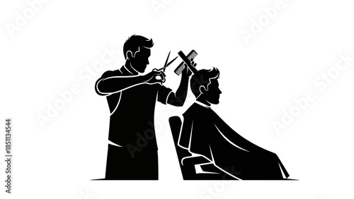Barber cutting hair with scissors and comb in a salon.