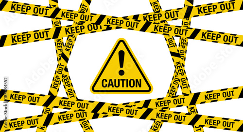 Caution warning sign with keep out tape barrier
