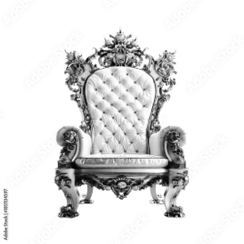 Vintage baroque armchair in halftone dot style, ornate royal throne chair illustration isolated on white, classic luxury furniture with antique decorative details.