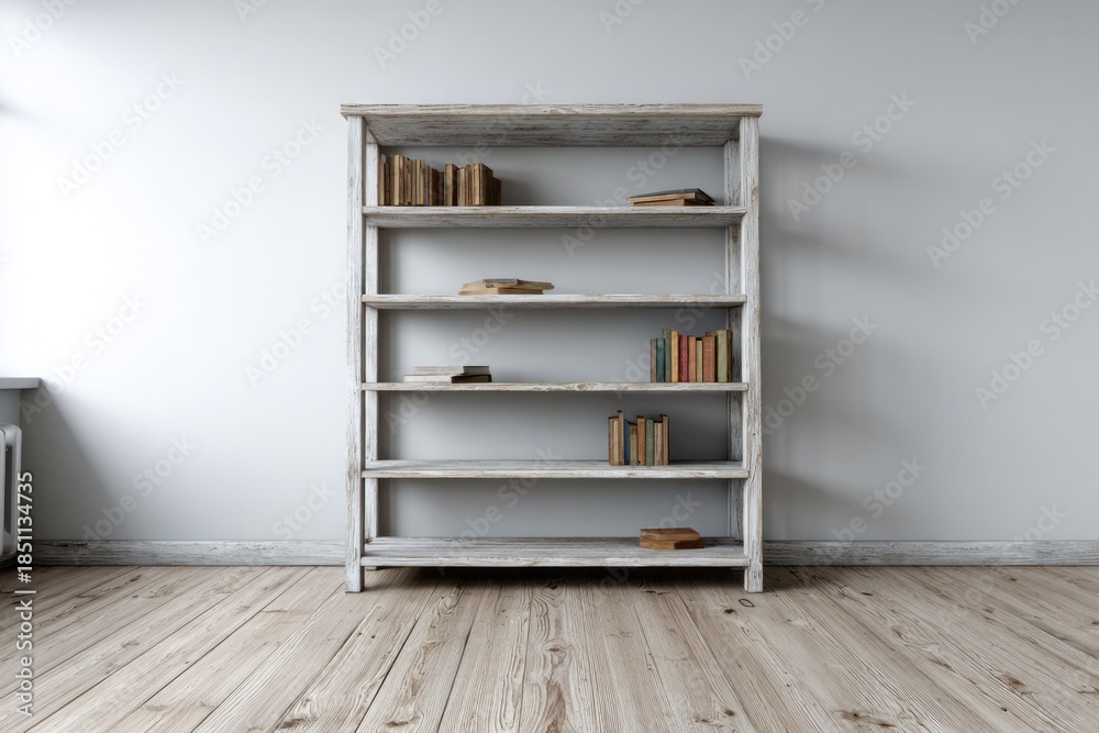 Fototapeta premium Rustic wooden shelving unit displays sparsely arranged vintage books against a bright white wall
