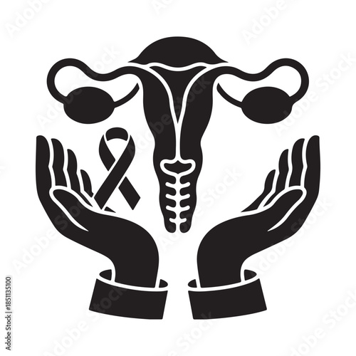 Protecting female reproductive health with awareness and care symbolized by hands and a ribbon