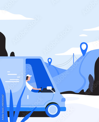 Delivery Truck on Mountain Route – Cool Flat Illustration