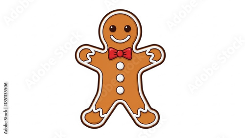 A cheerful gingerbread man with white icing and a red bow tie on a plain background, perfect for holiday baking and festive decorations