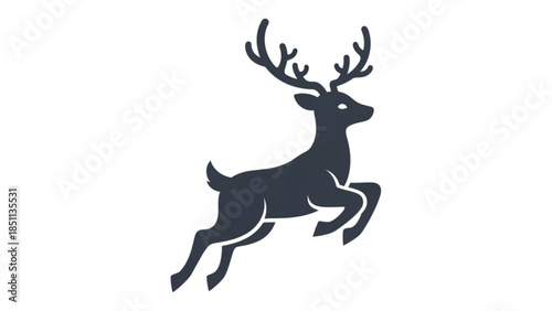 Dark grey silhouette of a deer with large antlers running on a plain white background, symbolizing speed and wildlife