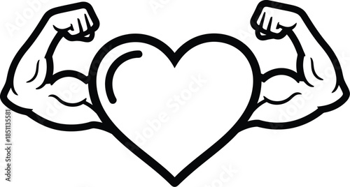 Symbolic illustration of a powerful heart with strong arm muscles for health and fitness