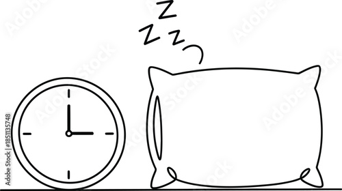 A simple line drawing illustrating sleep time with a clock and a comfortable pillow