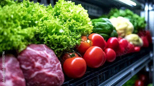 Fresh Produce and Raw Meat Displayed on Shelves in a Market.