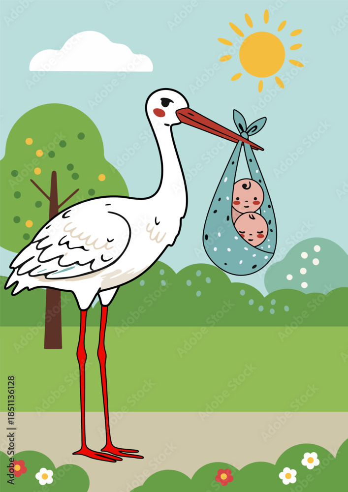 Fototapeta premium A stork brought twins and is standing on a path in a park