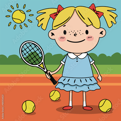 A little girl tennis player on an outdoor court