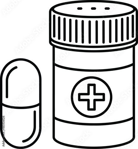 Medical capsule and pill bottle with a cross symbol, representing health and pharmacy