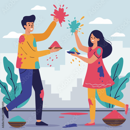 Couple throwing colorful paint at each other during Holi festival