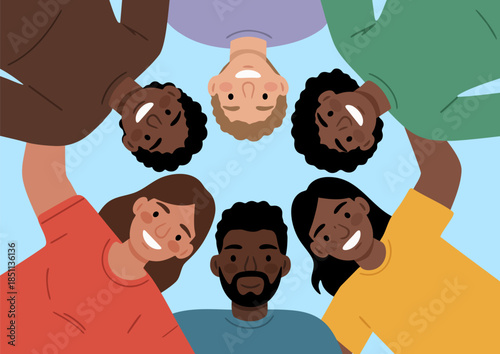 A circle of hugging young people looks into the frame