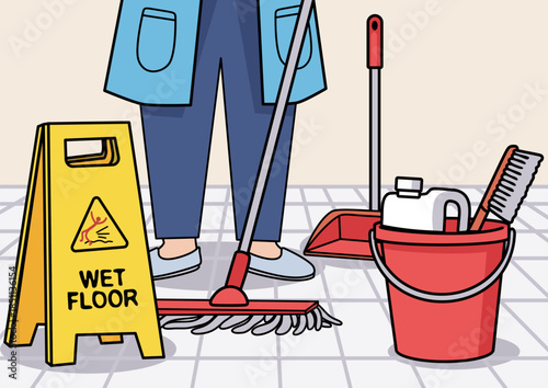 Close-up of cleaning supplies and feet of a cleaning employee