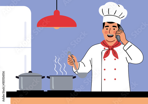 A cook cooks food in a saucepan and talks on a smartphone