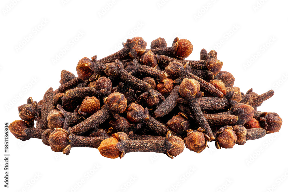 Obraz premium Pile of whole dried cloves spice isolated on transparent background. A pile of whole cloves isolated on white background.