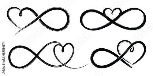 Set of grunge infinity heart symbols representing eternal love and connection isolated on white background, Vector, illustration