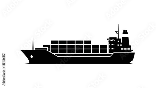 Cargo Ship Silhouette Isolated on White Background.