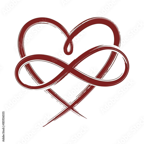 A beautiful dark red brush stroke heart intertwined with an infinity symbol representing eternal love isolated on white background, Vector, illustration