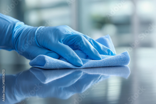 Hand wearing blue protective glove cleaning reflective surface with microfiber cloth in a bright indoor environment for hygiene maintenance