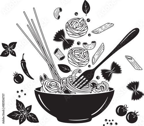 Fork with Pasta in Bowl